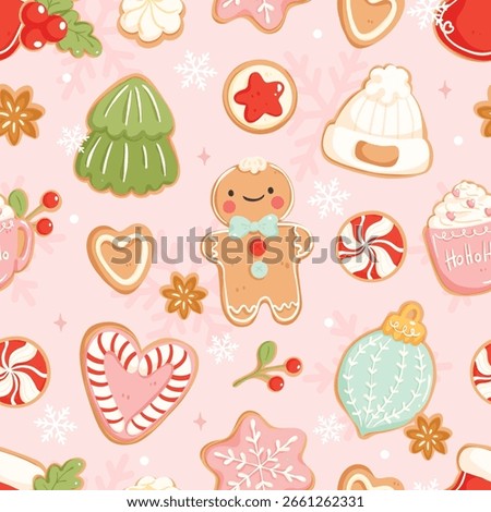 Cute Christmas Cookie Seamless Pattern, Kawaii Gingerbread Holiday Digital Paper, Peppermint Cocoa Cookie Repeat