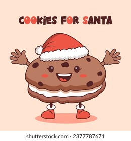 Cute Christmas cookie wearing Santa hat. Vector illustration.