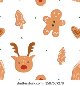Cute Christmas cookies pattern. Hand drawn gingerbread holiday food texture for print, textile, book, postcard, stickers, site design. Vector illustration.