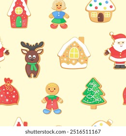 Cute Christmas cookies seamless pattern. Winter holiday repeat design with cartoon sugar cookie - gingerbread house, Santa, reindeer, Christmas tree. Good for wrapping paper, fabric any Xmas print.