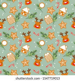 Cute Christmas cookies and Christmas tree seamless pattern. 