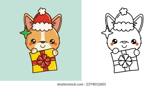 Cute Christmas Corgi Dog Clipart Illustration and Black and White. Funny Clip Art Christmas Pet. Cute Vector Illustration of a Kawaii Animal for Christmas Stickers. 