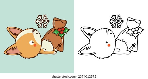 Cute Christmas Corgi Dog Illustration and For Coloring Page. Cartoon Stickers New Year Dog. Beautiful Vector Illustration of Kawaii Animal for Xmas Stickers. 