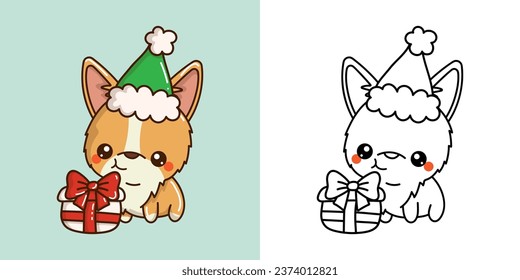 Cute Christmas Corgi Dog Illustration and For Coloring Page. Cartoon Stickers New Year Dog. Beautiful Vector Illustration of Kawaii Animal for Xmas Stickers. 
