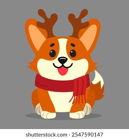 Cute Christmas Corgi dog illustration isolated on grey backgrpund