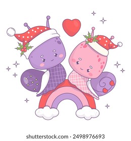 Cute Christmas couple in love snails girl and boy in Santa hat on rainbow. Funny Holiday insect kawaii character. Vector Festive illustration