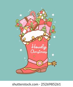 Cute Christmas Cowboy boot filled with gift boxes and pine tree hand drawn cartoon doodle greeting card idea