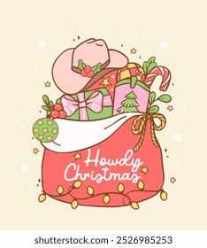 Cute Christmas Cowboy boot and pink cowgirl hat hand drawn cartoon doodle greeting card idea