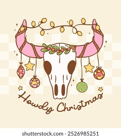 Cute Christmas Cowboy Bull skull pink horn with decoration hand drawn cartoon doodle greeting card idea