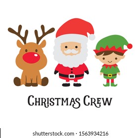 Cute Christmas crew including Santa Claus, elf, and reindeer vector illustration.