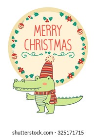 Cute Christmas Crocodile and mistletoe greeting card 