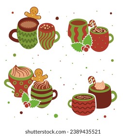Cute Christmas cup collection with hot drinks like coffee, hot chocolate, cocoa. Flat mug illustration in cozy brown-green shades. Decorated with coffee beans, gingerbread, candy cane, whipped cream.