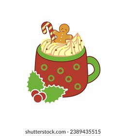 Cute Christmas cup with hot chocolate or cocoa with whipped cream. Flat mug illustration in cozy brown-green shades. Decorated with gingerbread, candy cane. Funny sticker for card or poster