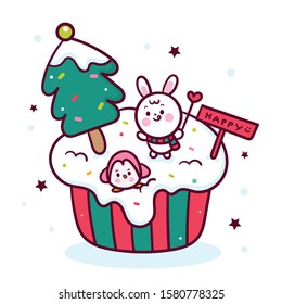 Cute Christmas cupcake vector, Muffin cartoon with rabbit bunny and penguin (Kawaii winter animal): Fabulous food fairytale - X mas Happy New year invitation post Kid snack, t-shirt, nursery décor.