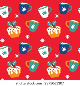 Cute Christmas cups with cocoa and marshmallows. Seamless pattern. Vector.