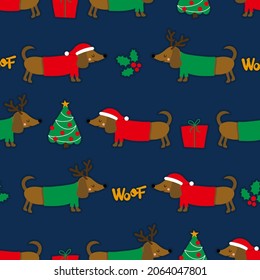 Cute christmas dachshund pattern - Adorable sausage dog characters. Hand drawn doodle set for kids. Good for textiles, nursery, wallpaper, clothes. Woof words. Christmas gift wrapping paper.