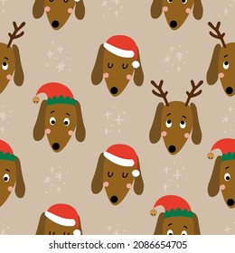 Cute christmas dachshund pattern - Adorable sausage dog characters. Hand drawn doodle set for kids. Good for textiles, nursery, wallpaper, clothes. Woof words. Christmas gift wrapping paper.