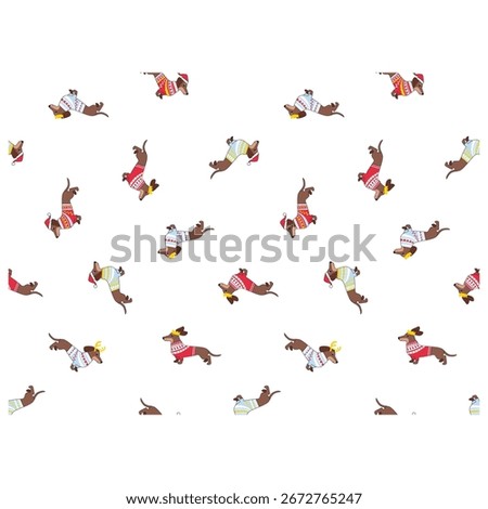 Cute Christmas Dachshund Seamless Pattern. Festive Holiday Dog Wearing Sweaters and Hats Vector Illustration.
