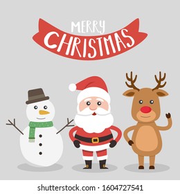 Cute Christmas Day cartoon character, Merry Christmas happy new year festival, Santa Claus and snow man and cute reindeer, snowflake text invitation card, vector illustration.