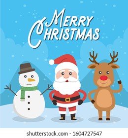 Cute Christmas Day cartoon character, Merry Christmas happy new year festival, Santa Claus and snow man and cute reindeer, snowflake text invitation card, vector illustration.
