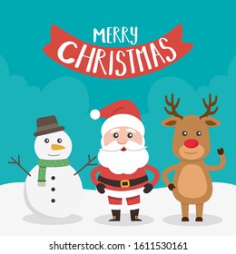 Cute Christmas Day cartoon character, Merry Christmas happy new year festival, Santa Claus and snow man and cute reindeer, snowflake text invitation card, vector illustration.