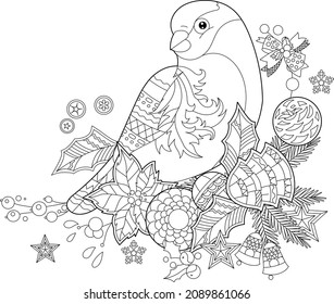 Cute Christmas decor with bullfinch. Winter holiday decoration. Black and white elements. Traditional festive balls for season design. Hand drawn illustration  for children and adults, tattoo.