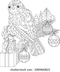 Cute Christmas decor with polar owl. Winter holiday decoration. Black and white elements. Traditional festive balls for season design. Hand drawn illustration  for children and adults, tattoo.