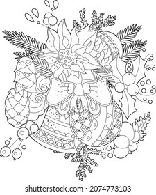 Cute Christmas decor. Winter holiday decoration. Black and white elements. Traditional festive balls for season design. Hand drawn illustration in zentangle style for children and adults, tattoo.