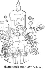 Cute Christmas decor. Winter holiday decoration. Black and white elements. Traditional festive balls for season design. Hand drawn illustration in zentangle style for children and adults, tattoo.