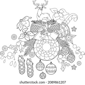 Cute Christmas decor. Winter holiday decoration. Black and white elements. Traditional festive balls for season design. Hand drawn illustration in zentangle style for children and adults, tattoo.