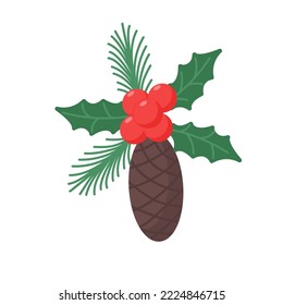 Cute Christmas decoration with a cone and berries isolated on white background. Vector hand drawn illustration in flat style.