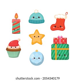 Cute Christmas decoration objects collection. Flat vector cartoon design