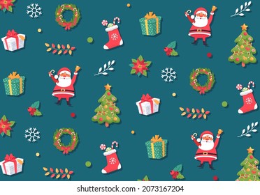 Patrón de decoración navideña con elementos de Santa Claus, árbol de Navidad, presente, calcetín y decoración 