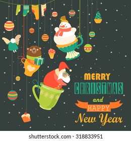 Cute Christmas decorations with Santa, snowman,angel and bear. Vector greeting card