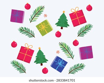 Cute Christmas Decorations Set with Trees Gifts and Ornaments. Christmas Tree Gift Boxes and Baubles Vector Collection. Festive Holiday Decoration Elements Vector Set. Christmas Celebration Objects Vector Set with Ornaments
