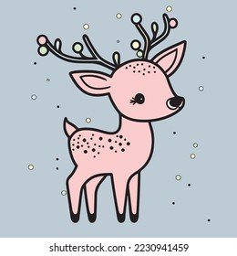 cute christmas deer in branched antlers vector