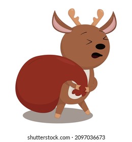 cute christmas deer carries a big bag of gifts for santa claus