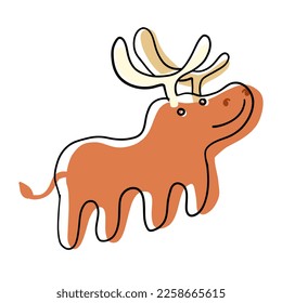 Cute Christmas Deer in cartoon flat style. Vector illustration isolated on white background.