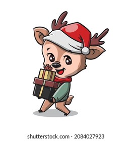 Cute Christmas Deer Cartoon Vector Illustration