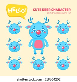 Cute Christmas deer character creation kit, construction elements and facial expressions for building  reindeer for kids toys, video games and halloween designs