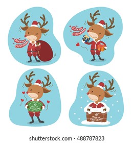 Cute Christmas deer characters set vector illustration.