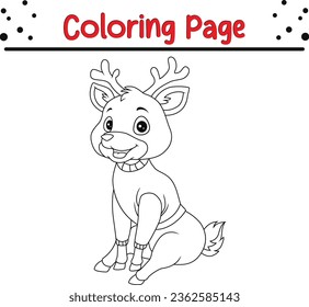 Cute Christmas Deer coloring page for children. Vector black and white Happy Christmas coloring book.