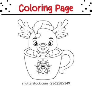 Cute Christmas Deer coloring page for children. Vector black and white Happy Christmas coloring book.