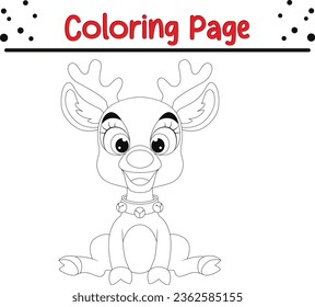 Cute Christmas Deer coloring page for children. Vector black and white Happy Christmas coloring book.