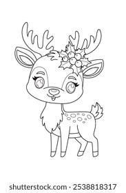 Cute Christmas deer. Christmas doodle book coloring page. Outline black and white illustration. White background.