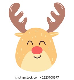 Cute Christmas deer face in cartoon flat style. Hand drawn vector illustration of animal character