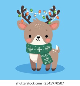 Cute Christmas Deer with Garland vector illustration. The deer is wearing a green scarf with white snowflakes, creating a cozy winter feel. Ideal for Christmas cards, banners, and winter projects.