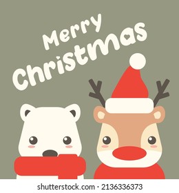 Cute Christmas Deer with Hat and Bear with Scarf Vector Illustration