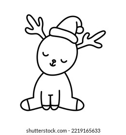 Cute christmas deer with the hat vector doodle illustration