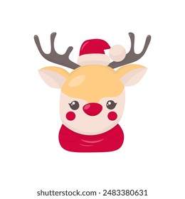 Cute Christmas deer head in a hat and scarf. Drawn style. Stock vector isolated illustration.